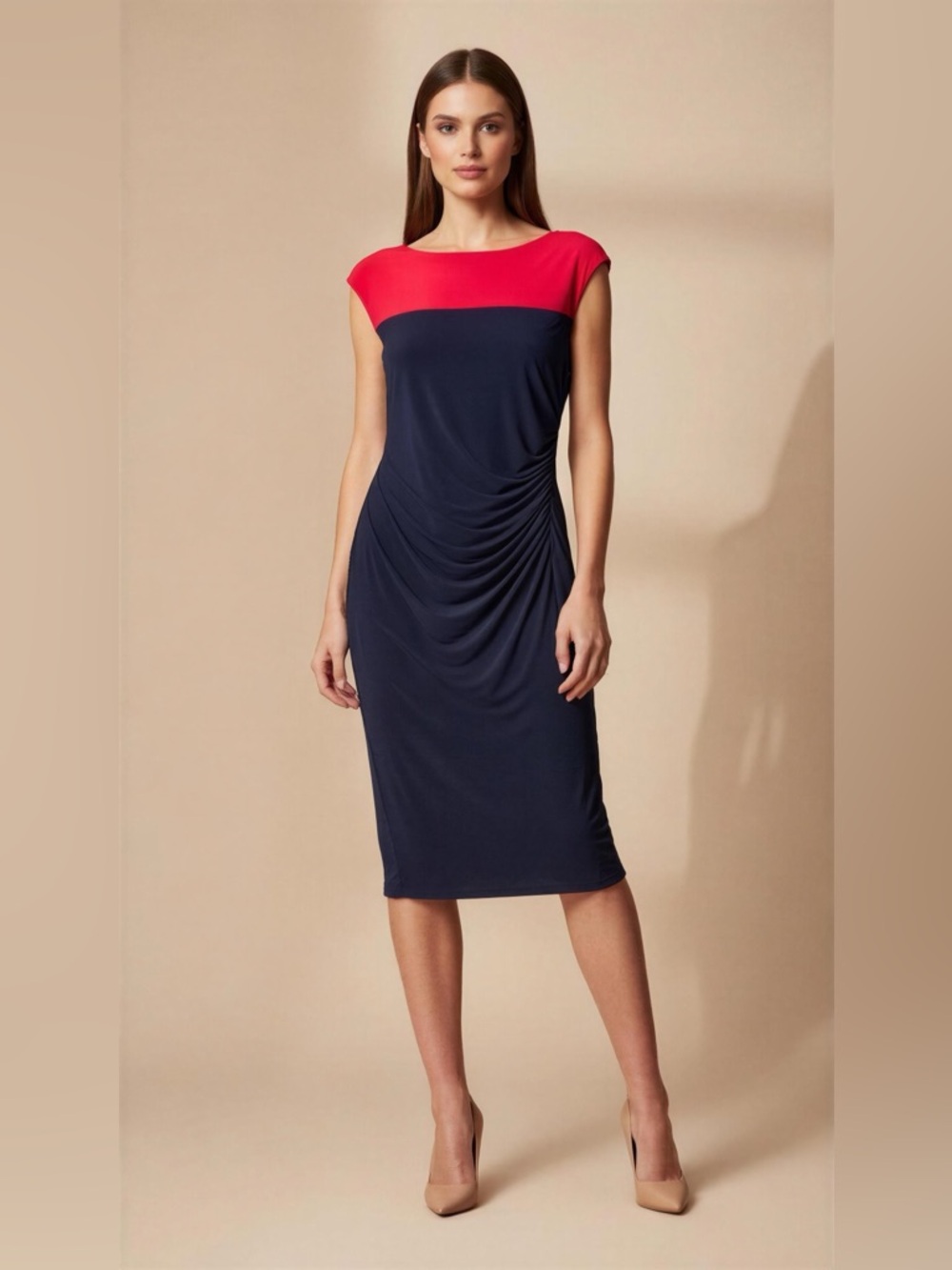 Chaps Navy and Red Colorblock Midi Dress